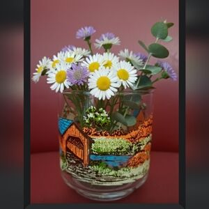 Vintage Libbey Glass Covered Bridge Grain Mill and River Design Rocks Glass